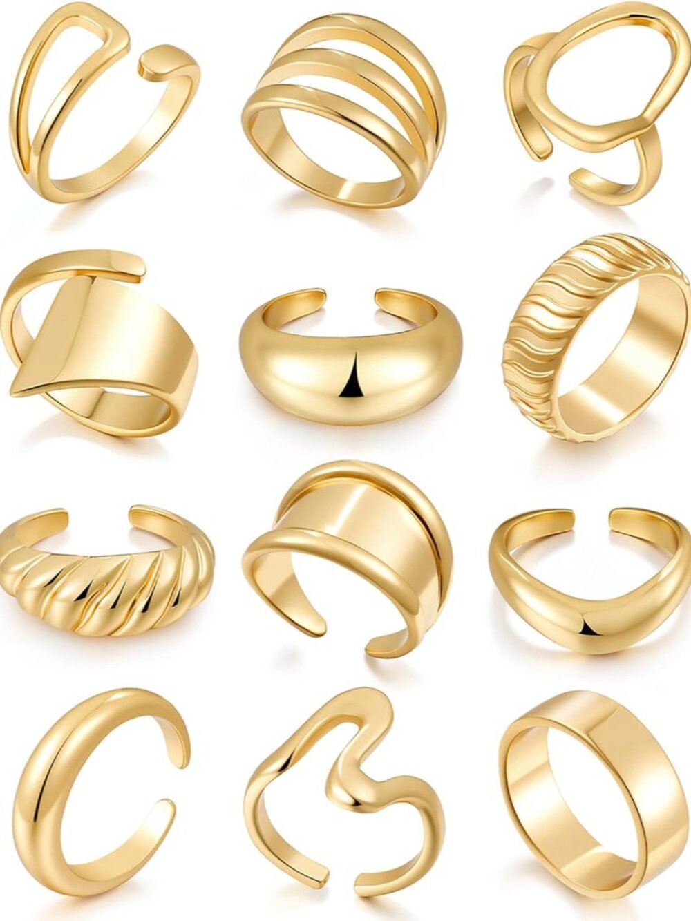 Chunky Gold Stackable Rings for Women Non Tarnish, 18K Gold-Plated Statement Ope